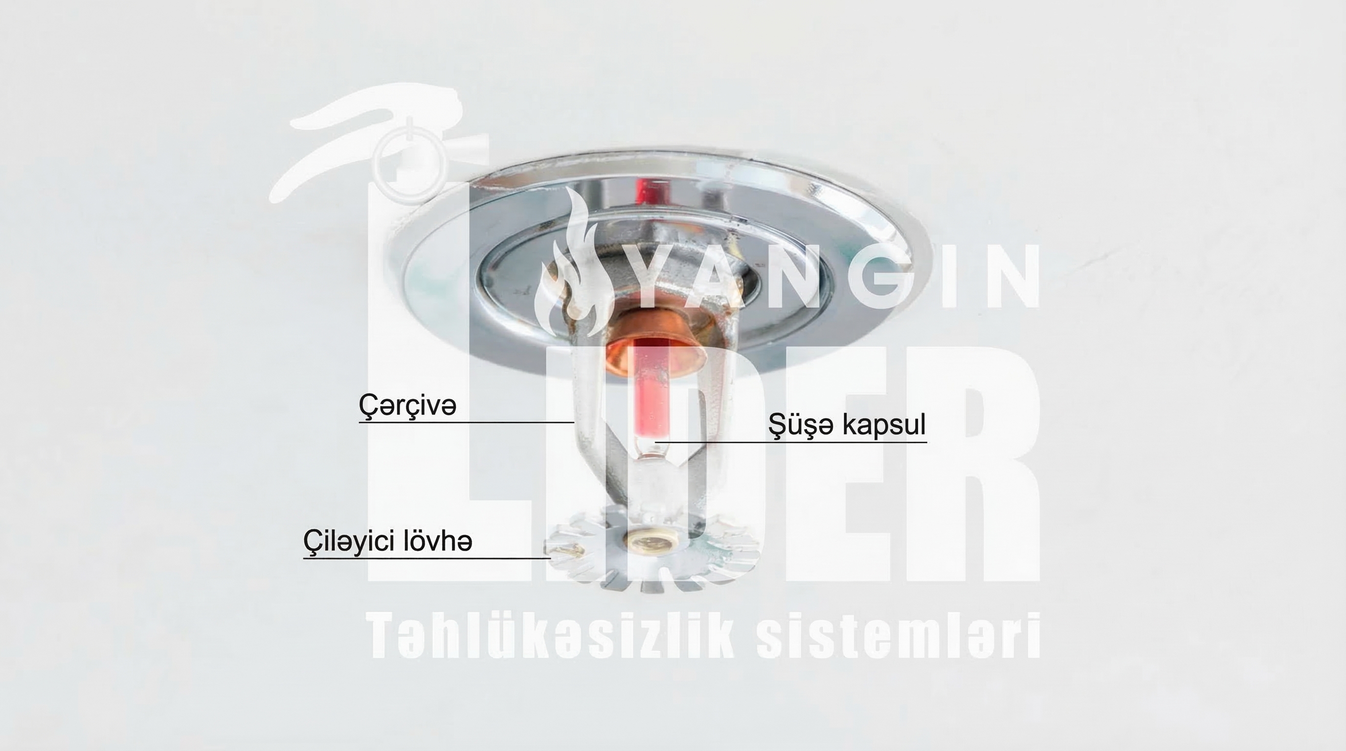 Sprinkler başlığının hissələri: çərçivə, şüşə ampul, səpici başlıq